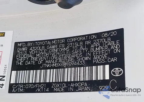 2021 Toyota C-Hr Le z USA, uszkodzony, nr VIN JTNKHMBX6M1094433